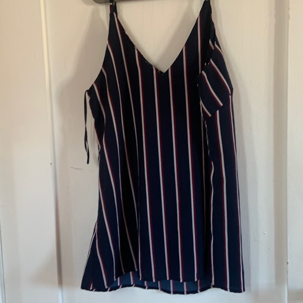 Stripped shirt, Color stripes are blue, Burgundy and white. adjustable straps.